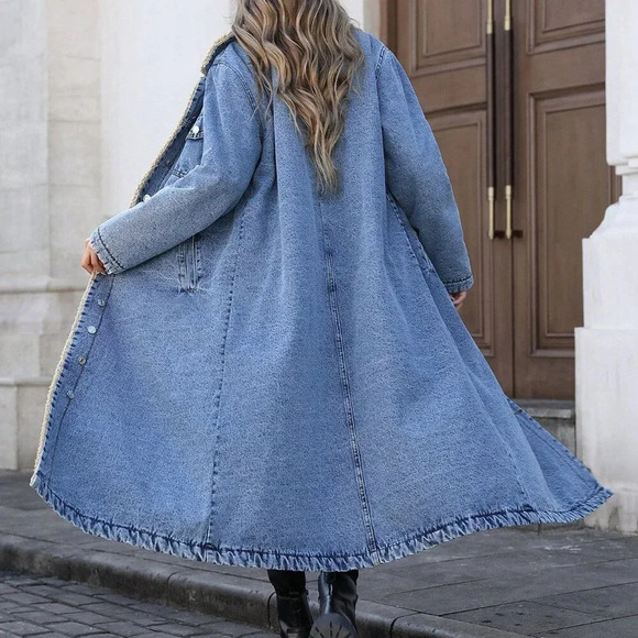 Blue Casual Women's Trendy Fleece-Lined Long Denim Jacket - Picture 7 of 7